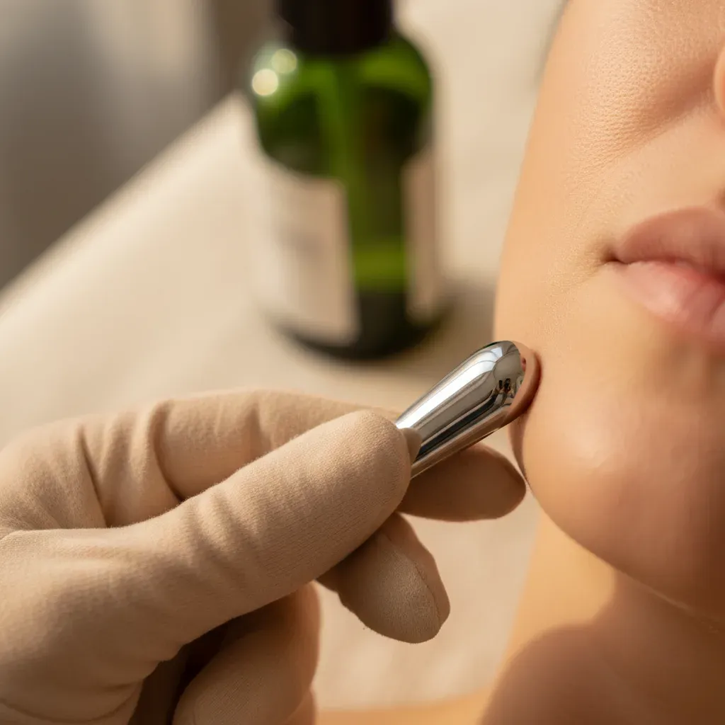 Close-up of a facial wand being applied along the jawline during an anti-aging facial at 360 IV Infusion and Wellness in Prosper TX