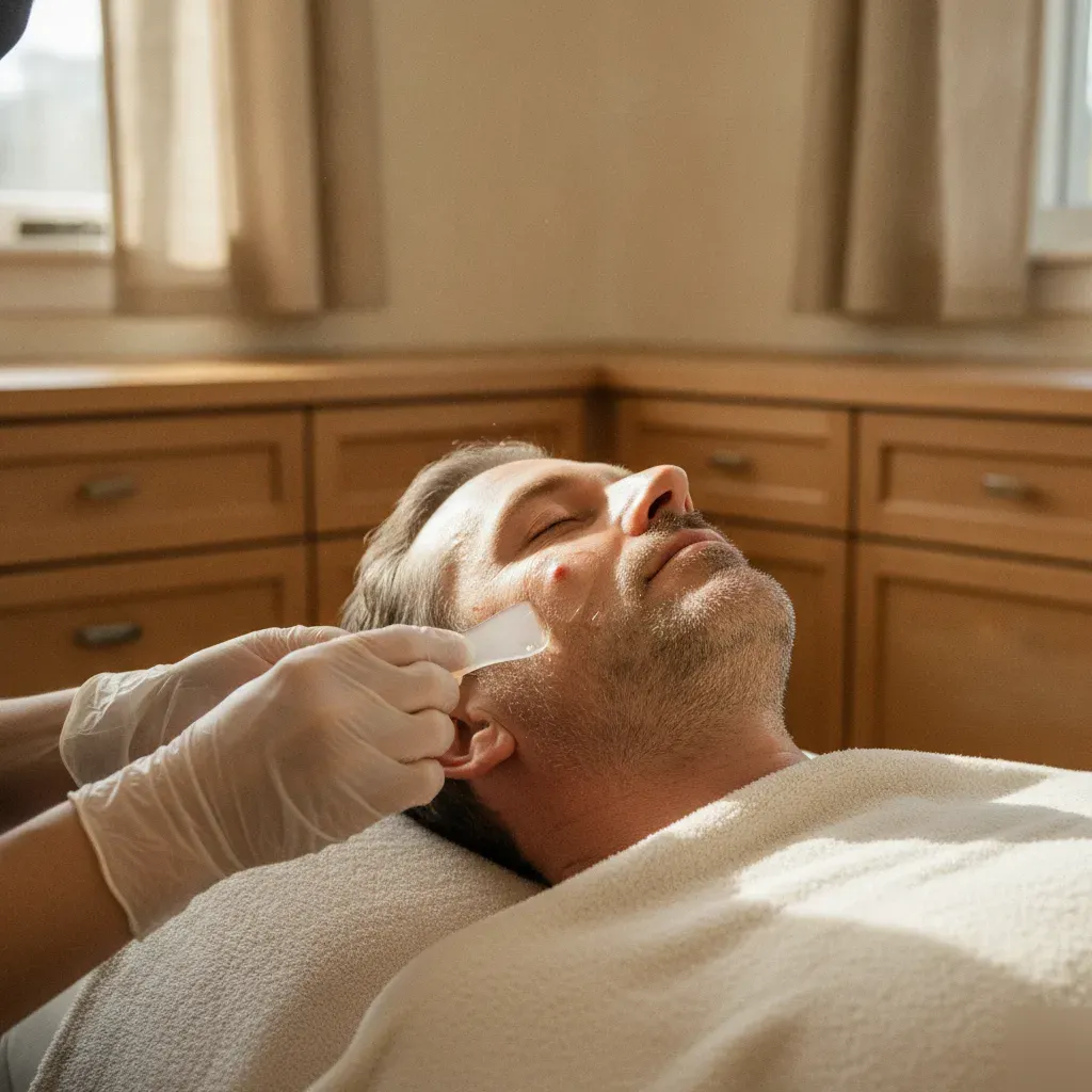 Esthetician performing an acne-safe facial technique on a client in a Prosper treatment room