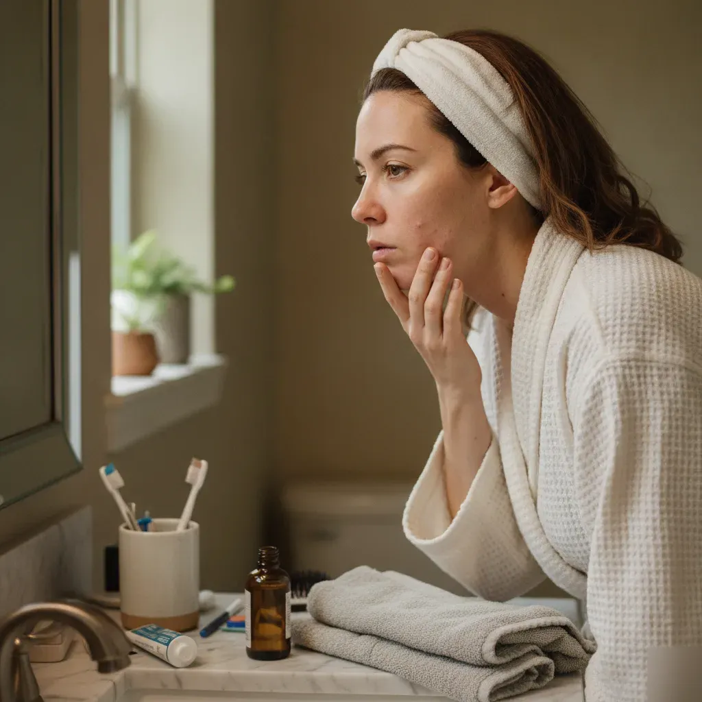 Woman with acne examining her skin in a mirror before an acne-safe facial