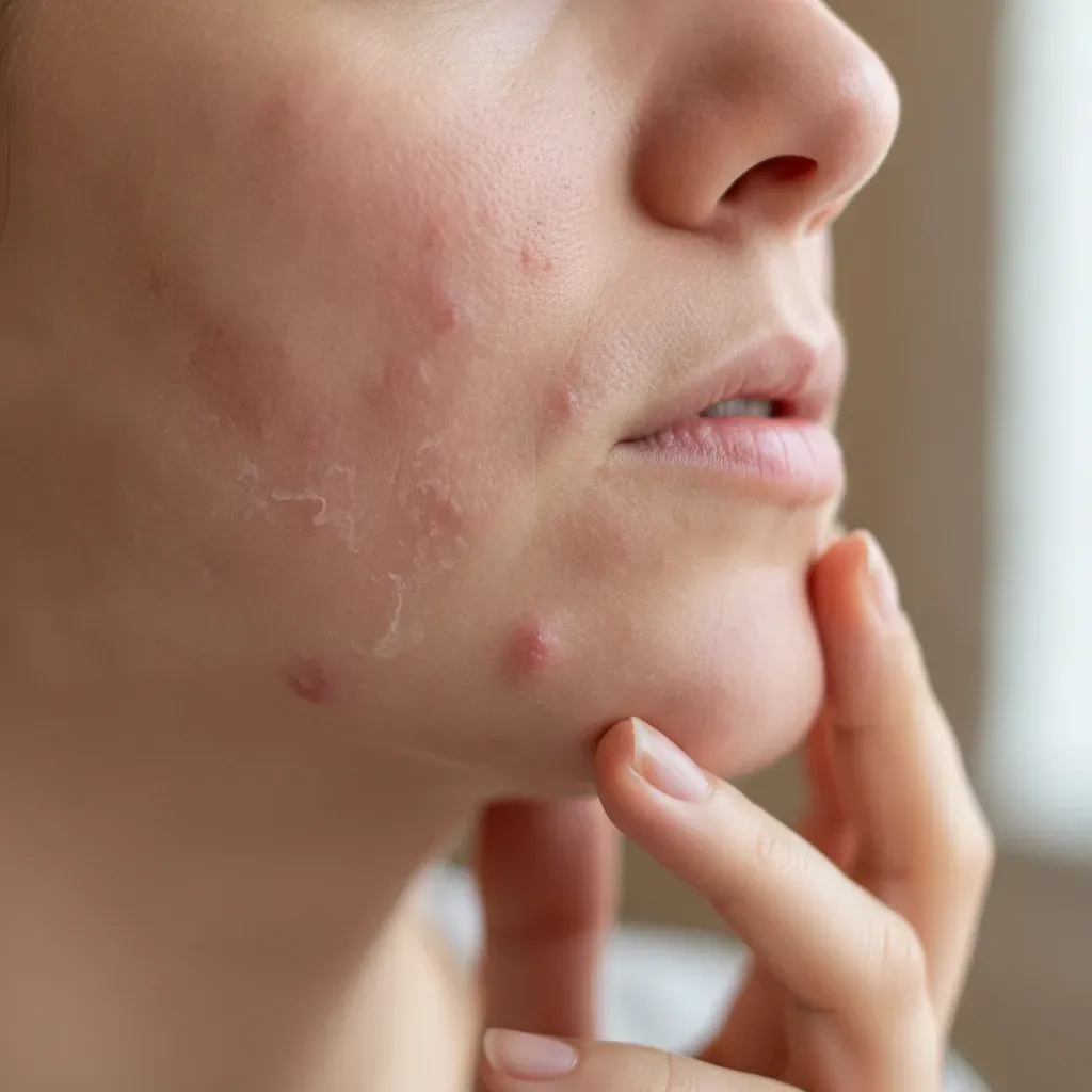 Close-up of active breakouts and irritated skin texture before a facial treatment