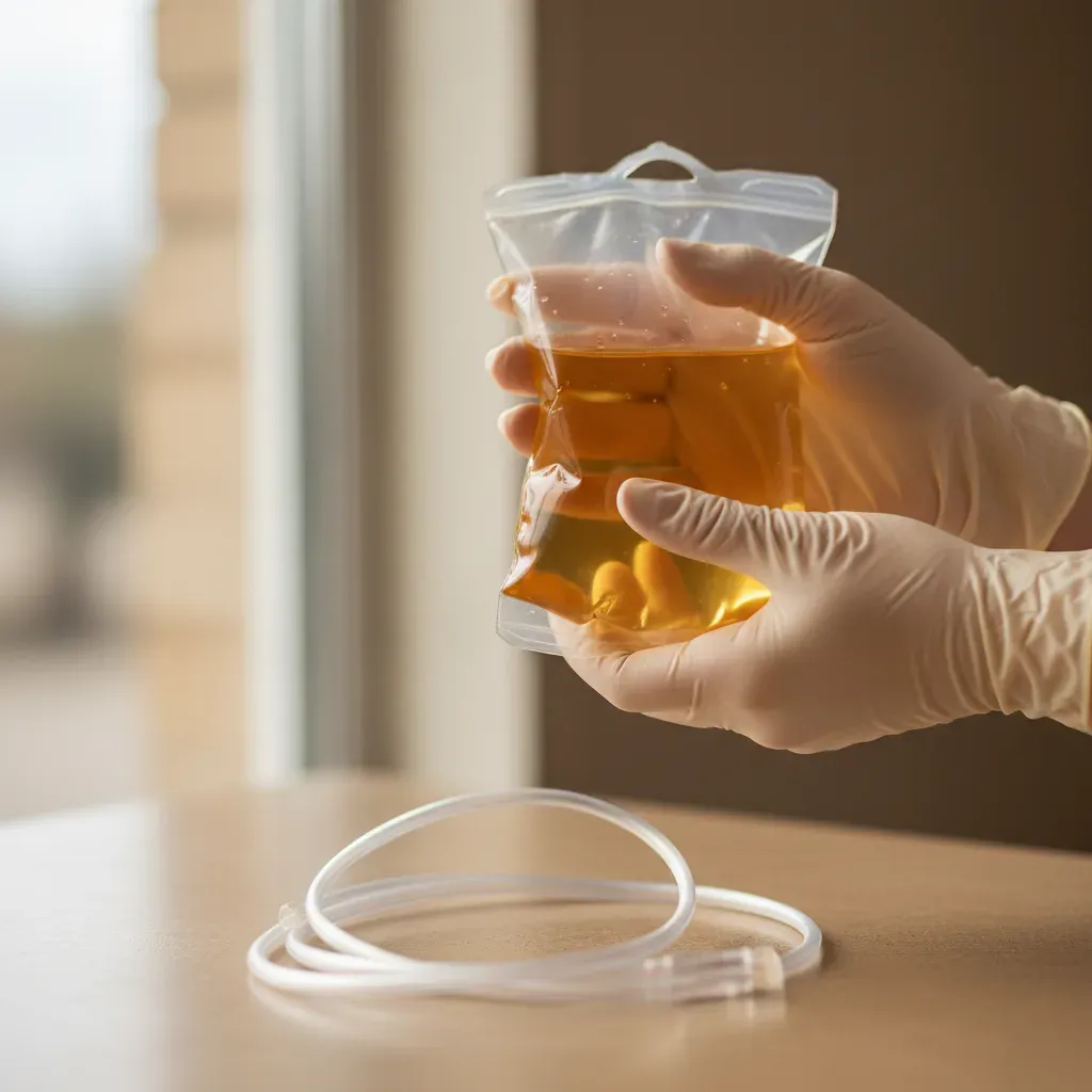 Gloved hands holding a clear vitamin-filled IV bag during Beauty IV Drip preparation in Prosper