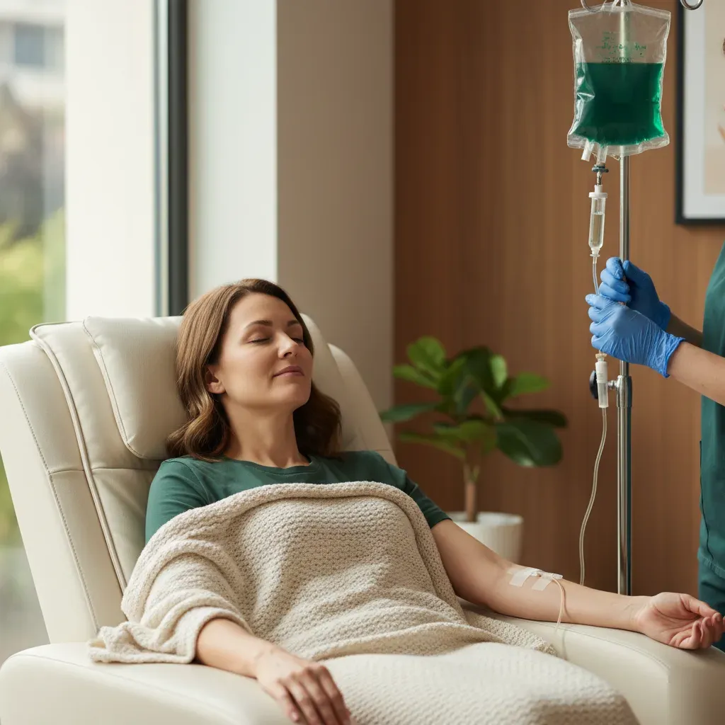 Client reclining in massage chair during a Beauty IV Drip session at 360 IV Infusion and Wellness Prosper