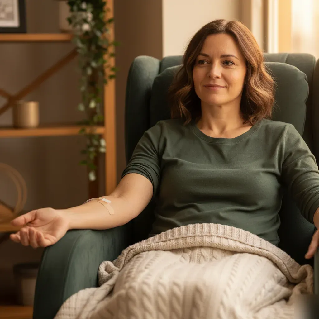 Woman seated calmly with an IV line secured to her forearm during a Beauty IV Drip session in Prosper