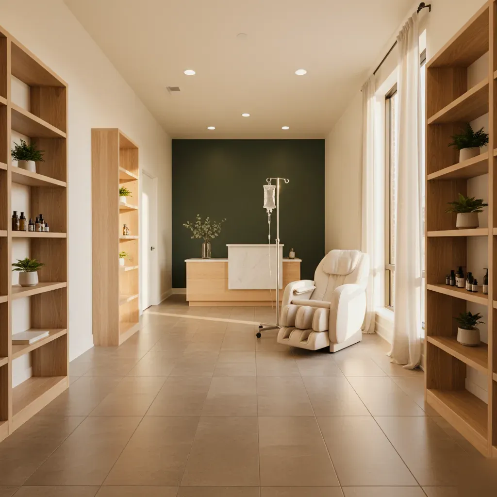 Interior of a boutique IV therapy clinic in Prosper with a massage chair, IV pole, and natural wood accents