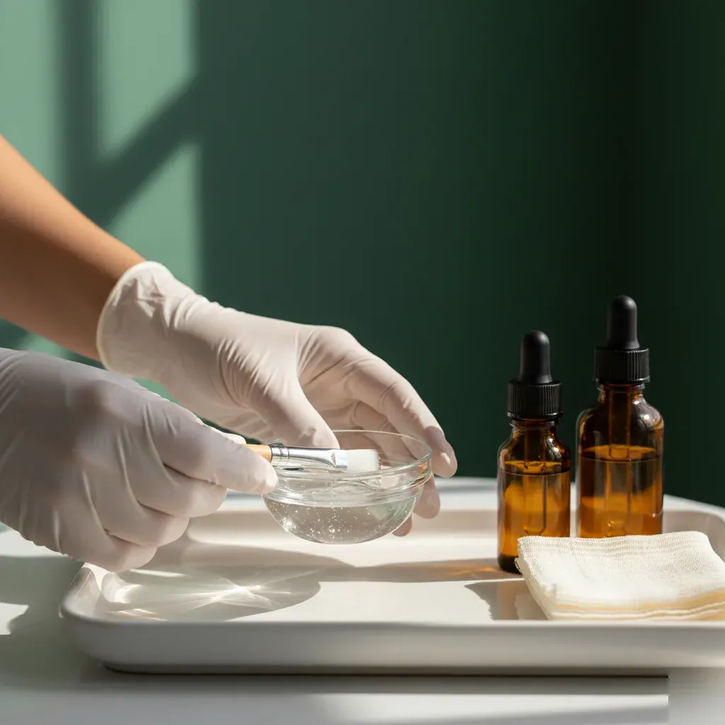 Gloved hands holding a glass bowl of serum with a facial brush during a custom facial at 360 IV Infusion and Wellness in Prosper TX