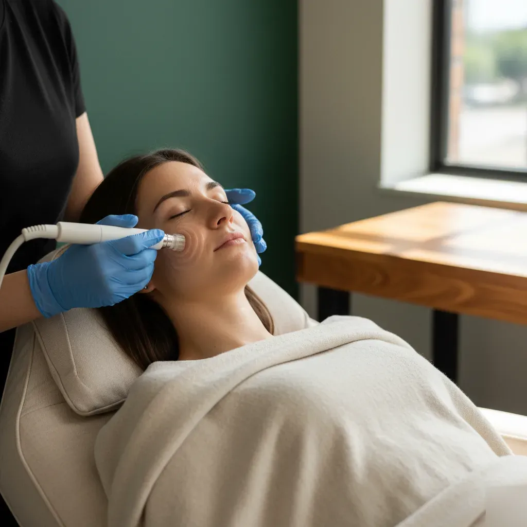 Esthetician performing a custom facial treatment with a handheld wand at 360 IV Infusion and Wellness in Prosper TX