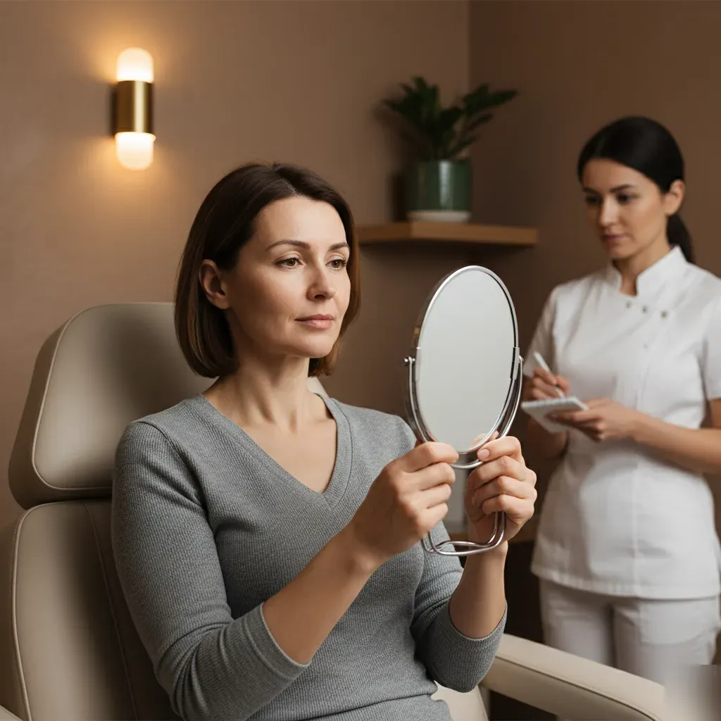 Client examining her skin in a handheld mirror during a custom facial skin assessment at 360 IV Infusion and Wellness in Prosper TX