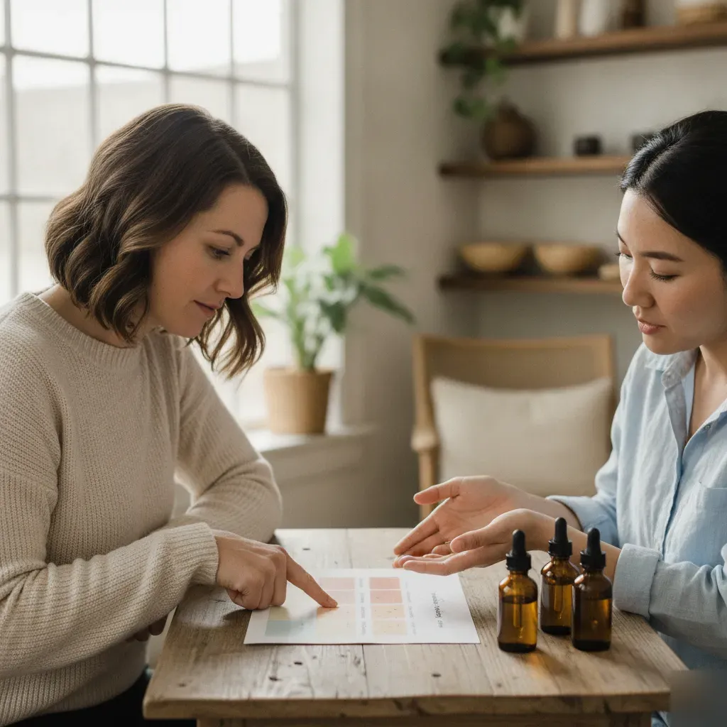 Esthetician consulting with a client using skin tone swatches to choose the right facial in Prosper, TX