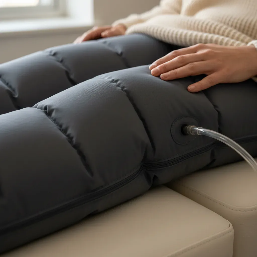 Close-up of an inflated compression therapy boot on a resting leg, with visible air chamber seams and tubing
