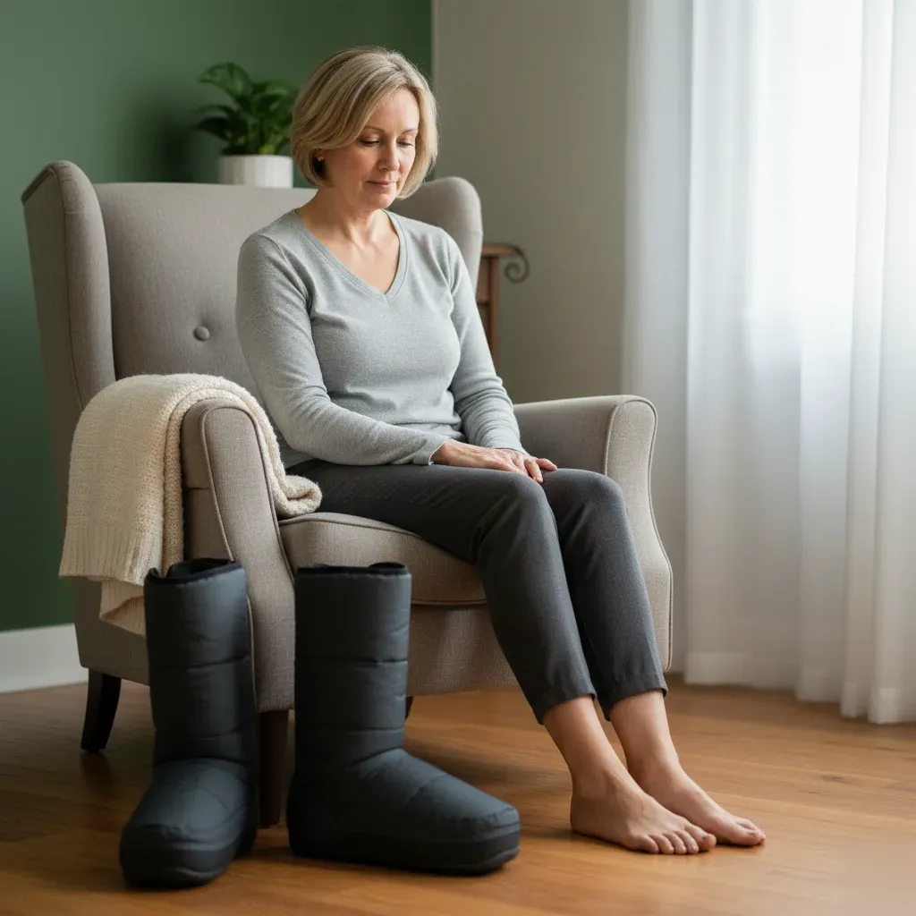 Person sits quietly after a compression therapy session, looking down at their legs with compression boots removed beside them