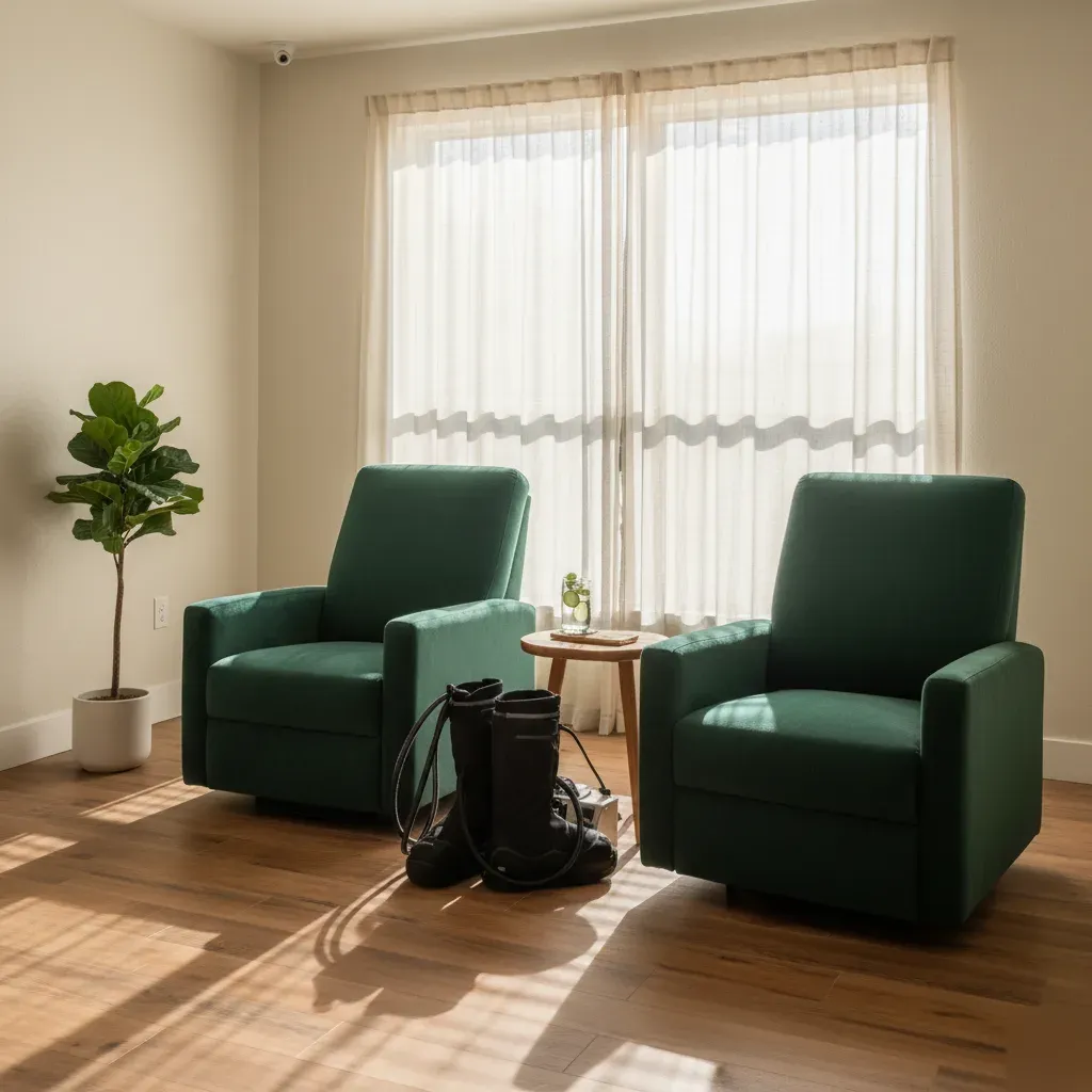 Clean, warmly lit private treatment room with forest green recliners and compression therapy boots staged beside a large window