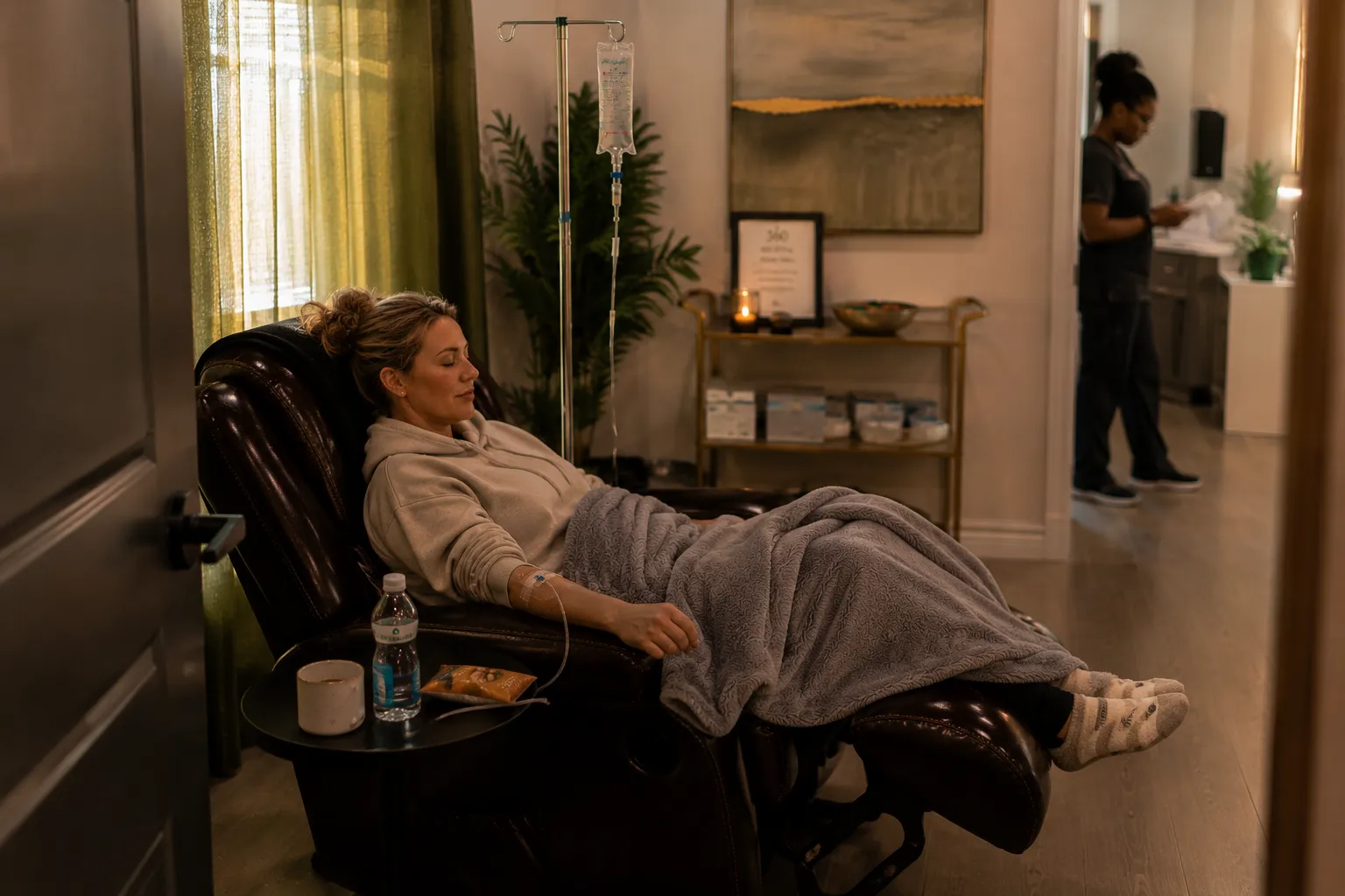 Client relaxing in a private treatment suite at 360 IV Infusion and Wellness in Prosper TX with RN attending in the background