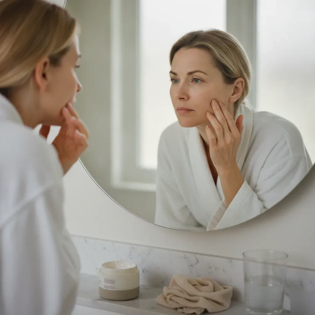 Woman checking her skin closely in a mirror at home in Prosper, TX