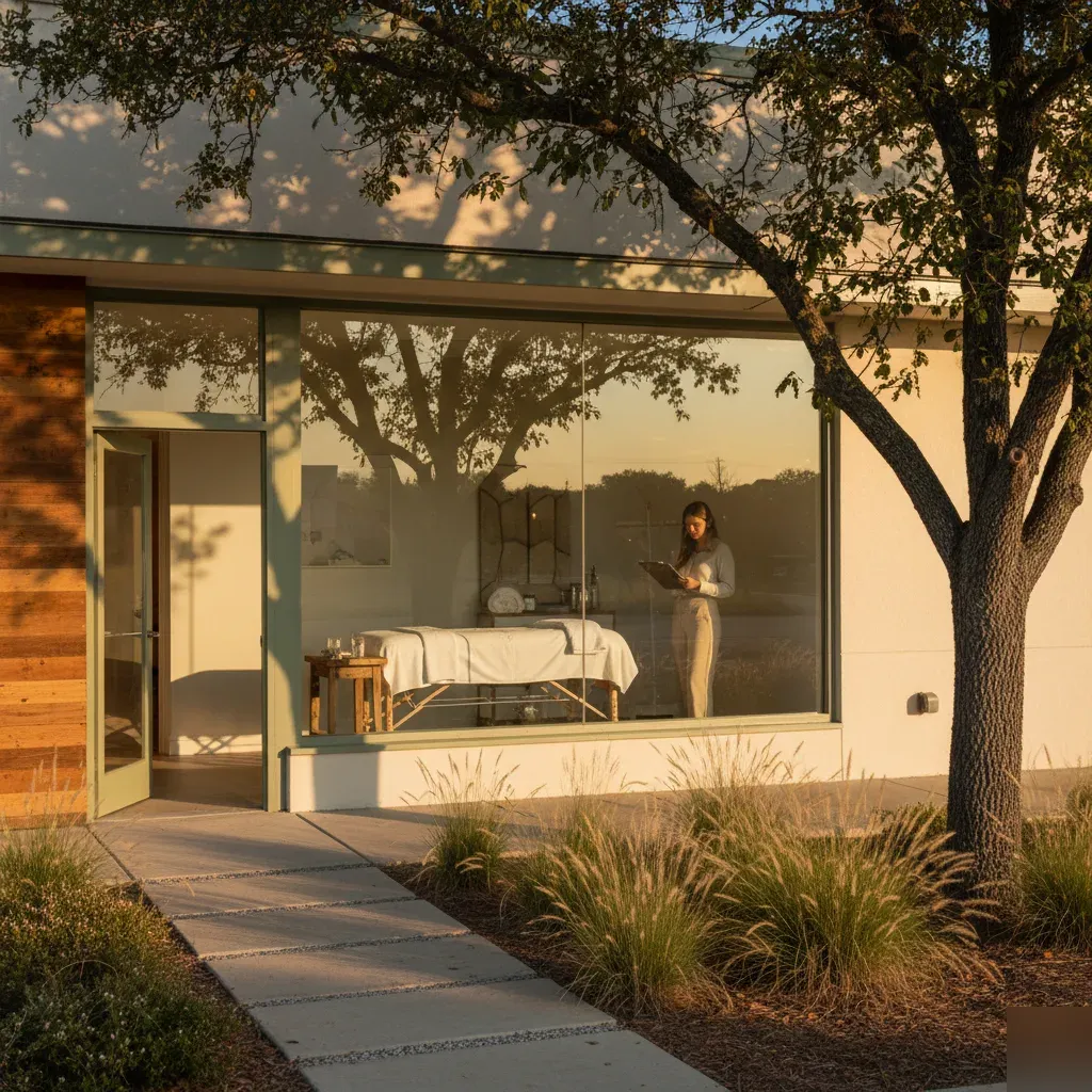 360 IV Infusion and Wellness studio exterior in Prosper Texas at golden hour