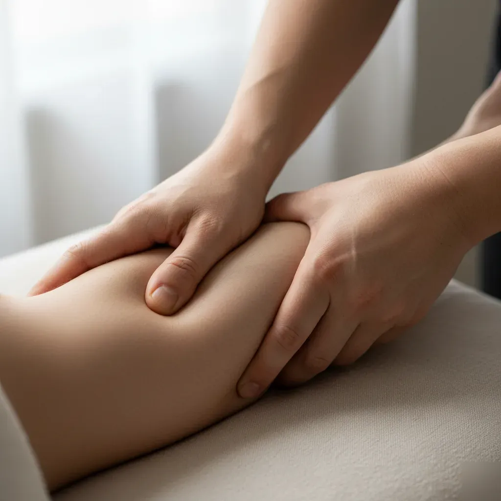 Therapist applying slow, sustained pressure into the deeper muscle layers of a client's upper back during a deep tissue massage