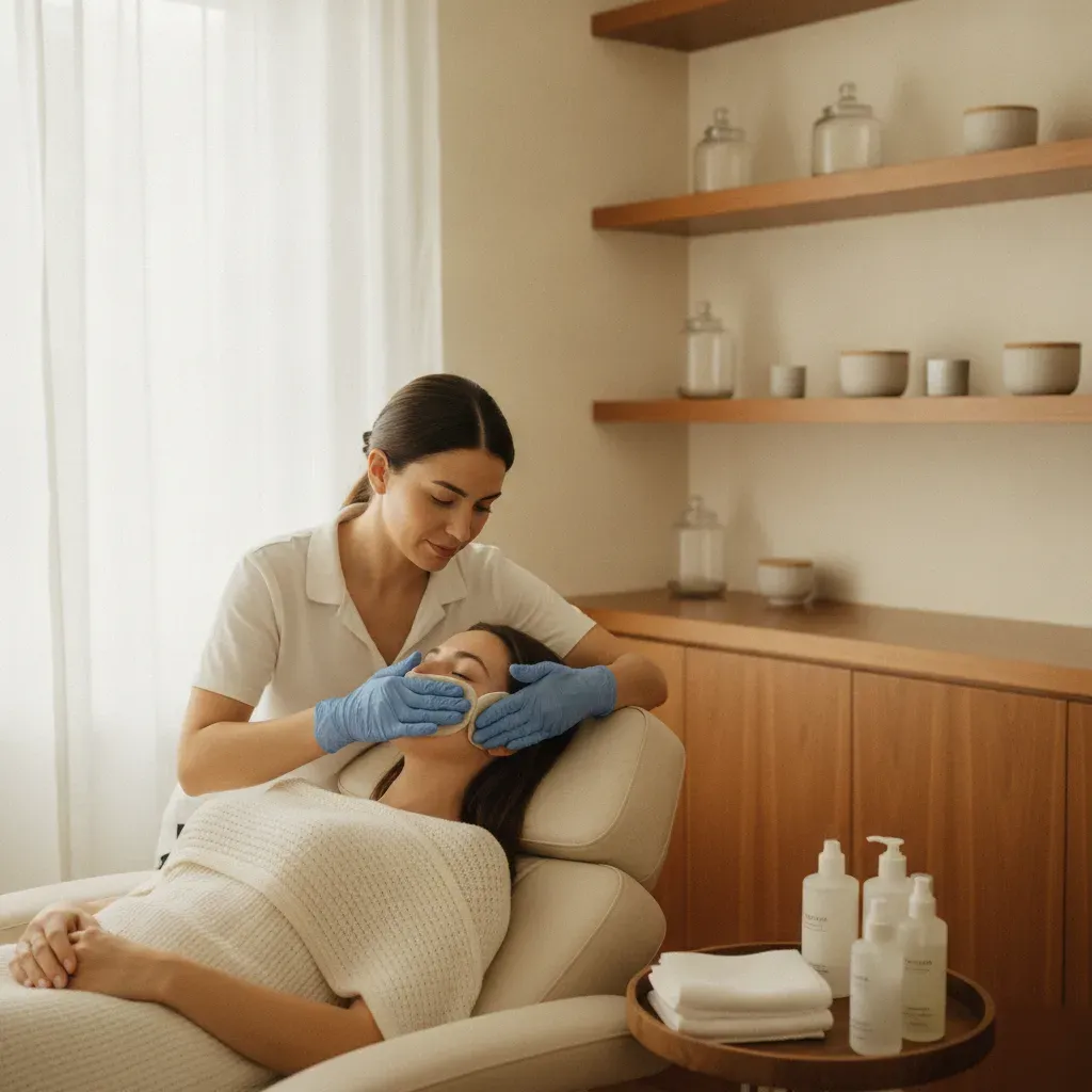 Esthetician applying a cool compress to a client's skin before a facial treatment