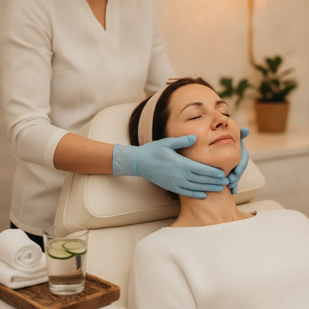 Relaxed client receiving a facial massage with cucumber water nearby at 360 IV Infusion and Wellness in Prosper, TX