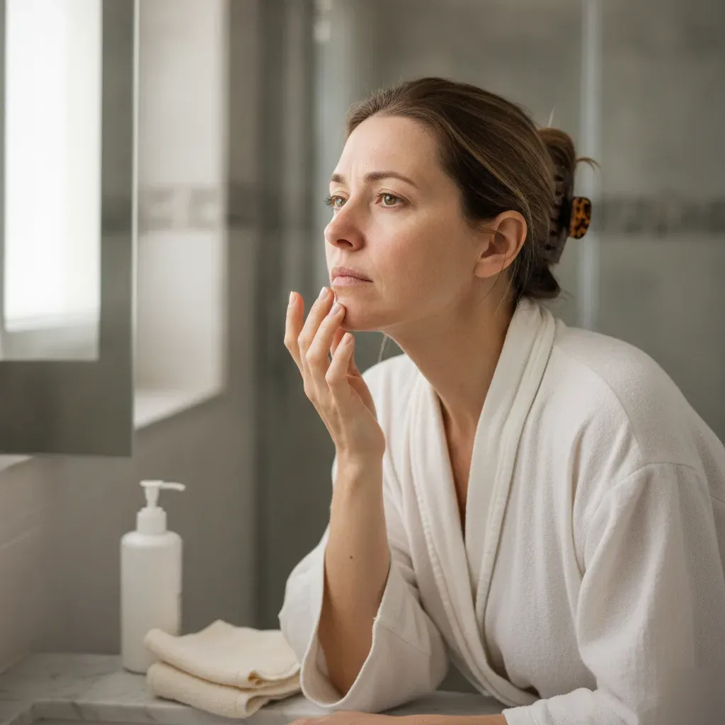 Woman examining her skin texture in a mirror while considering how often to book a facial
