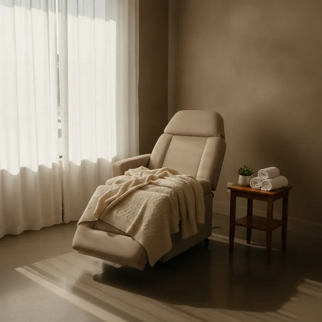 Quiet treatment room with a reclined facial chair and folded towels at 360 IV Infusion and Wellness in Prosper, TX