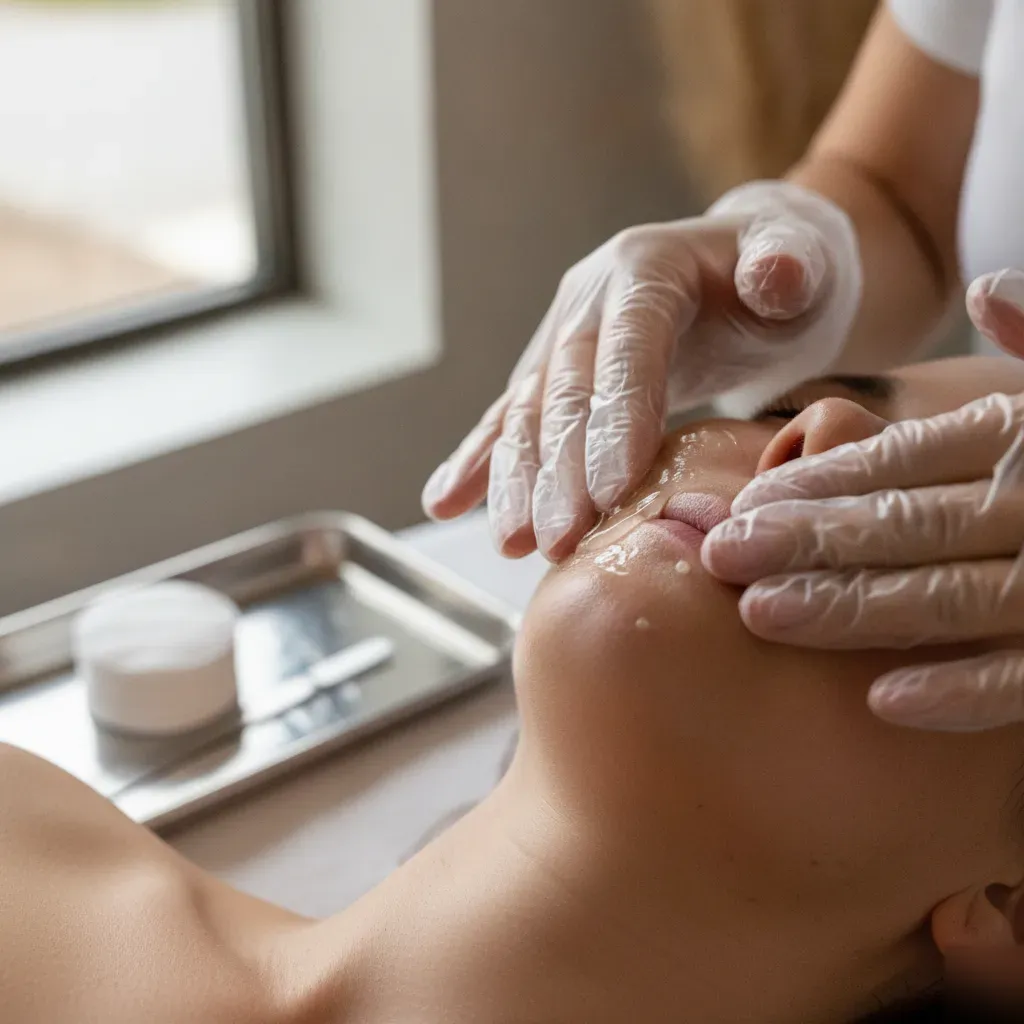 Esthetician applying exfoliating gel during a facial treatment step at 360 IV Infusion and Wellness in Prosper, TX