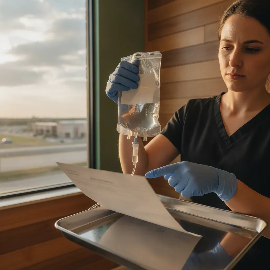 Nurse preparing a pharmacy-grade IV bag for a client from the Frisco area at 360 IV Infusion and Wellness in Prosper, TX