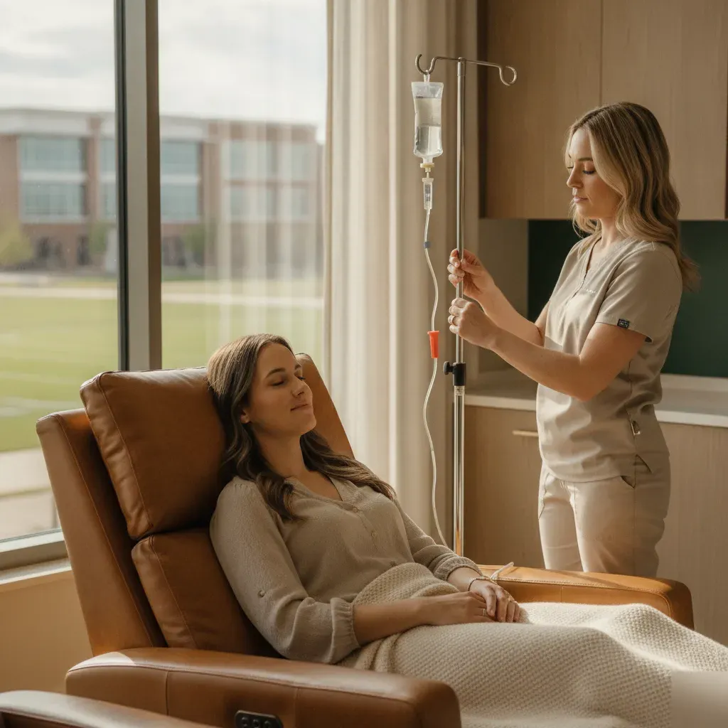 Client relaxing during an IV therapy session while a nurse sets up the drip at 360 IV Infusion and Wellness in Prosper, TX