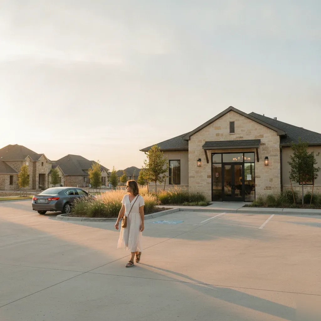 Client arriving at the 360 IV Infusion and Wellness storefront at golden hour near The Gates of Prosper in Prosper, TX