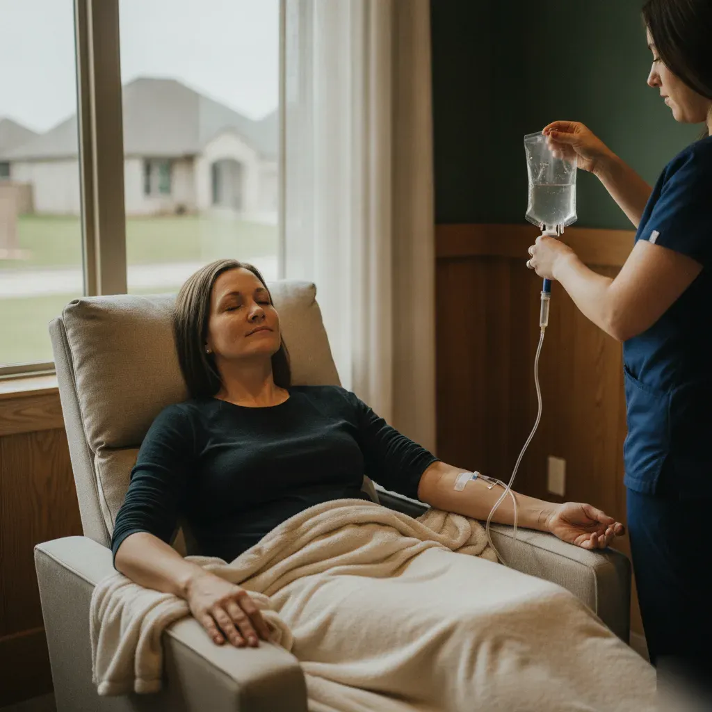 Client reclining during an IV therapy session beside a window overlooking a newer Prosper neighborhood near The Gates of Prosper