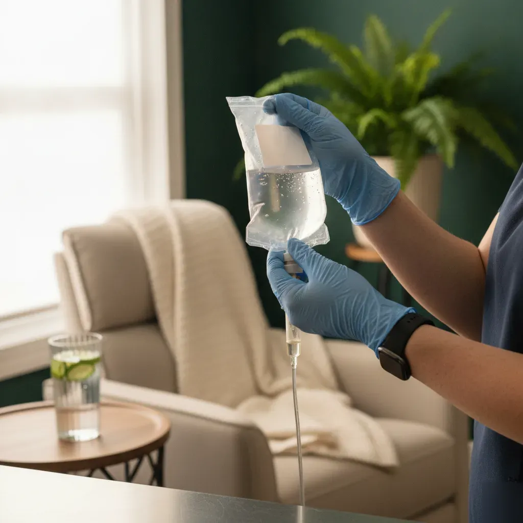 Nurse preparing a pharmacy-grade IV bag in a private suite at 360 IV Infusion and Wellness near The Gates of Prosper in Prosper, TX