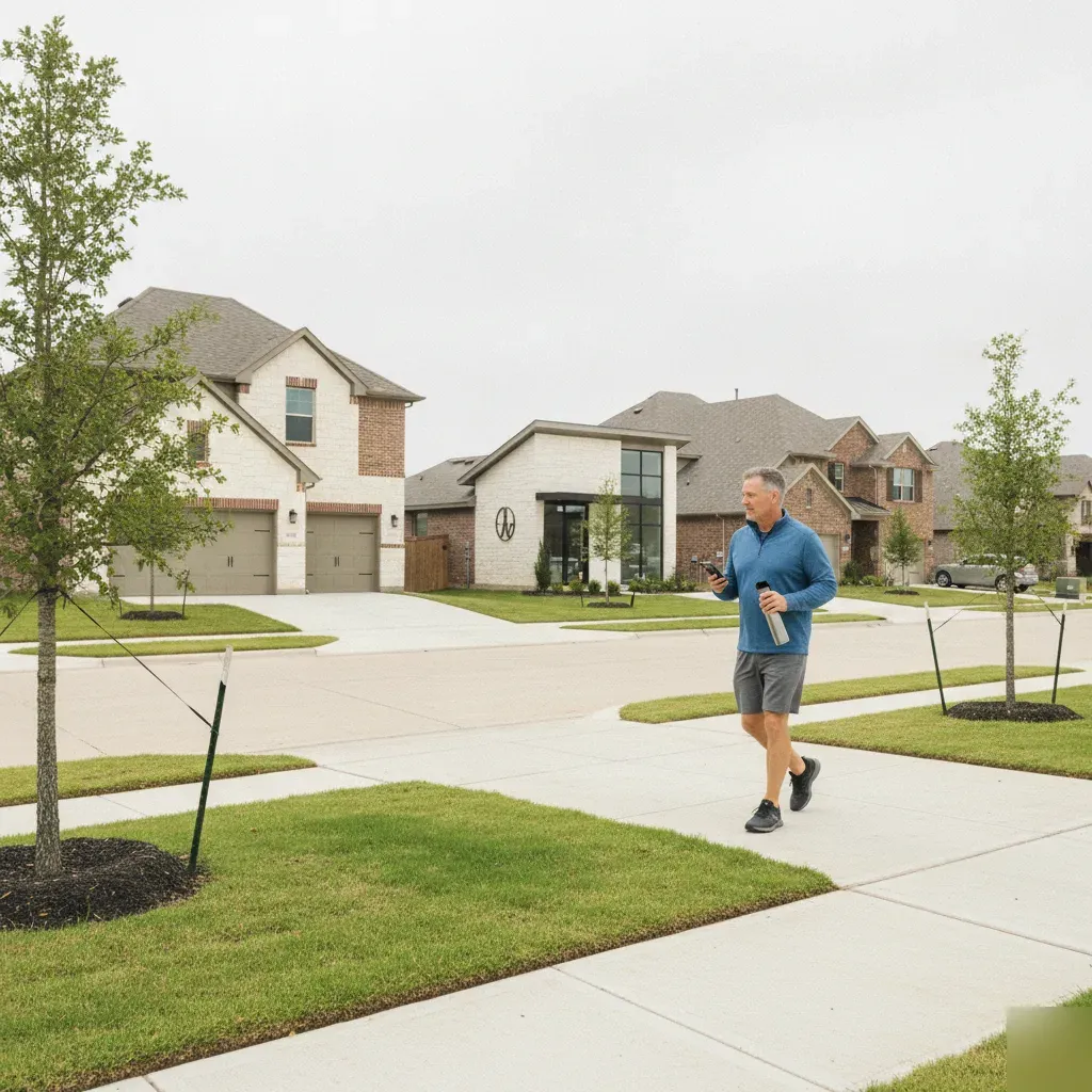 Resident out for a jog in a newer single-family neighborhood near The Gates of Prosper in Prosper, TX