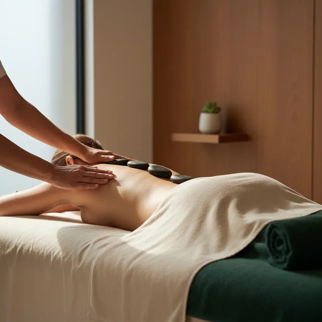 Heated basalt stones placed along a client's spine during a hot stone massage at 360 IV Infusion and Wellness in Prosper TX