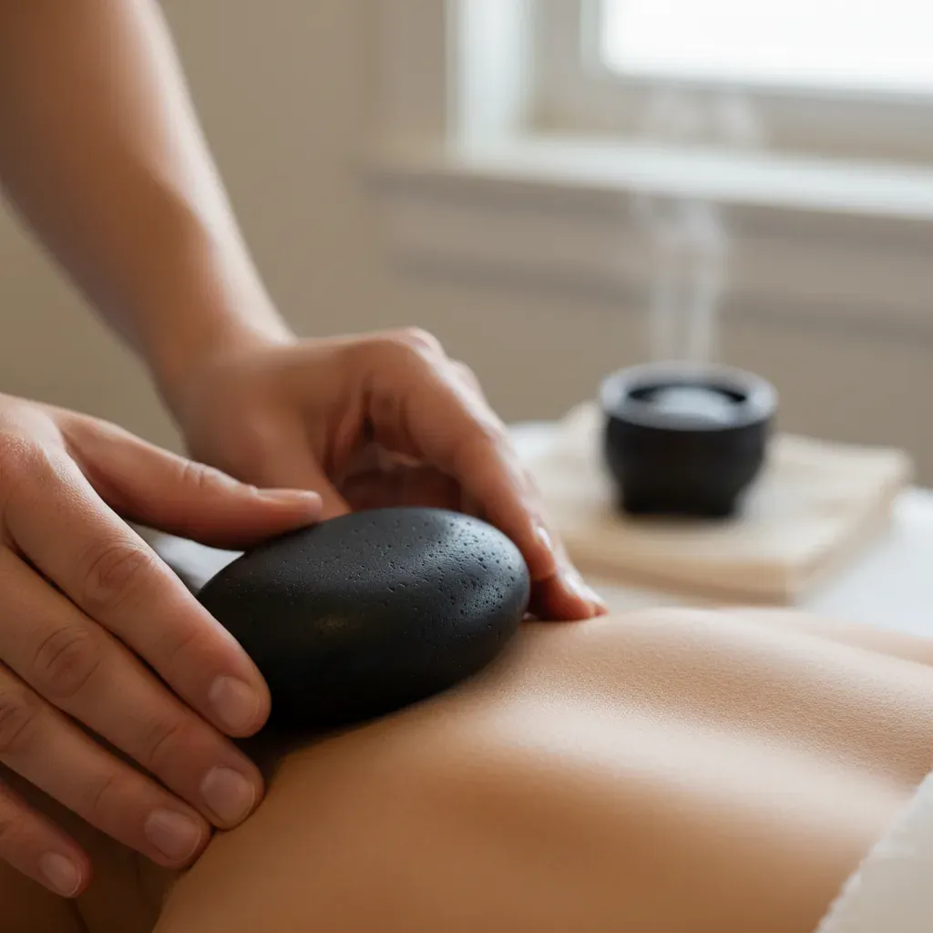 Close-up of a therapist pressing a smooth black basalt stone into a client's shoulder muscle during hot stone massage at 360 IV Infusion and Wellness in Prosper