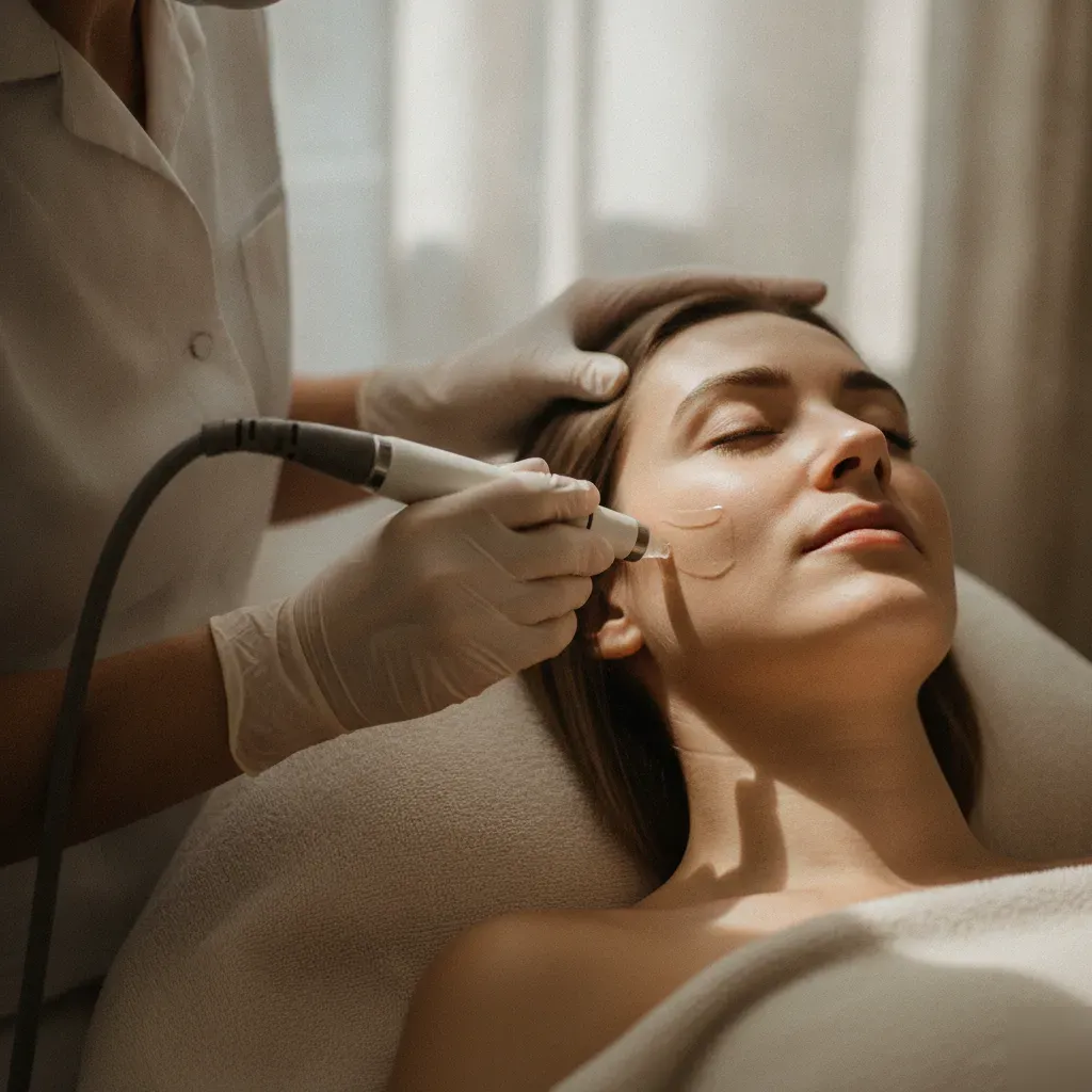 Esthetician performing a facial treatment on a relaxed client at a Prosper, TX studio