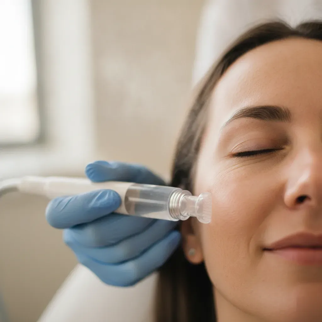 HydraFacial wand treatment applied to a client's cheek in Prosper, TX