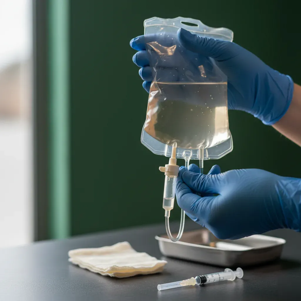 Gloved hands hold a clear IV fluid bag near a sterile tray at a Prosper wellness clinic preparing an immune boost drip