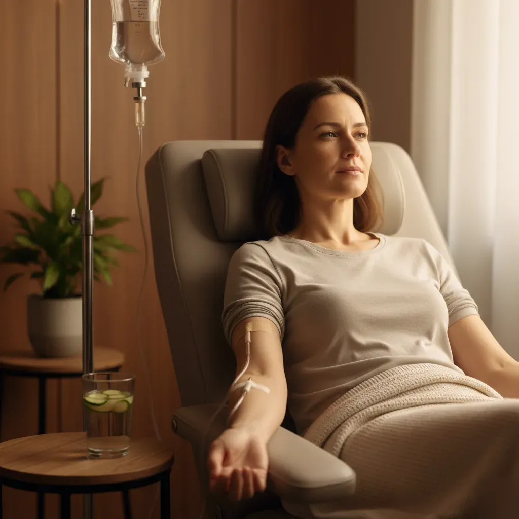 Relaxed client sits with an IV line secured at the elbow mid-session, a glass of cucumber water on a nearby side table