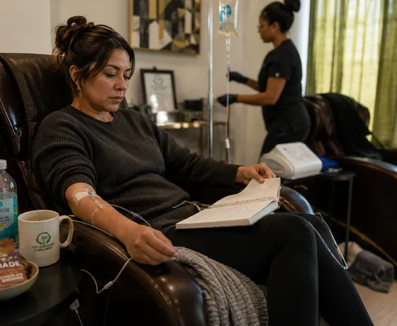 Client relaxing with a book during an immune boost IV drip session at 360 IV Infusion and Wellness in Prosper, Texas