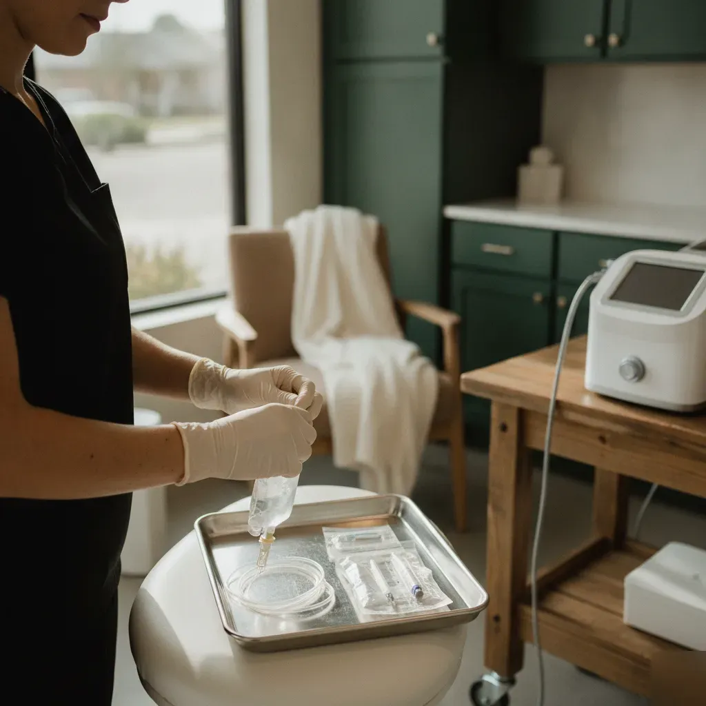 Esthetician preparing hydrating serum and applicators for a facial treatment at 360 IV Infusion and Wellness in Prosper, TX