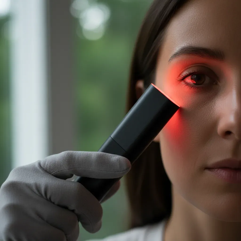 LED therapy wand with red light against a client's cheek at 360 IV Infusion and Wellness in Prosper TX