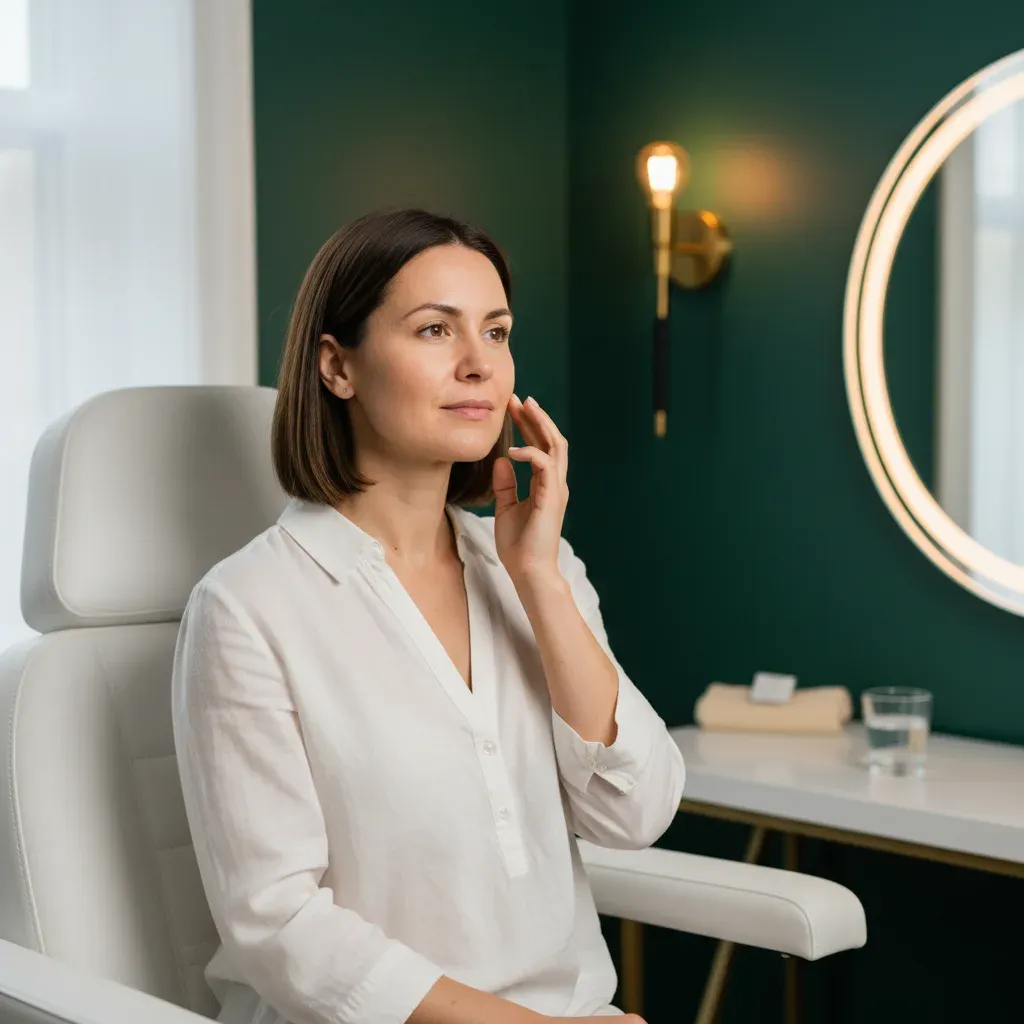 Client viewing her brighter, calmer skin in a mirror after a series of LED light therapy sessions at 360 IV Infusion and Wellness in Prosper TX