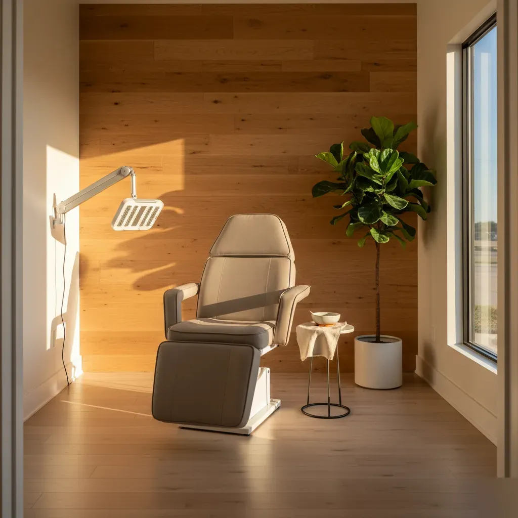 Calibrated professional LED light therapy room with warm wood tones at 360 IV Infusion and Wellness in Prosper TX