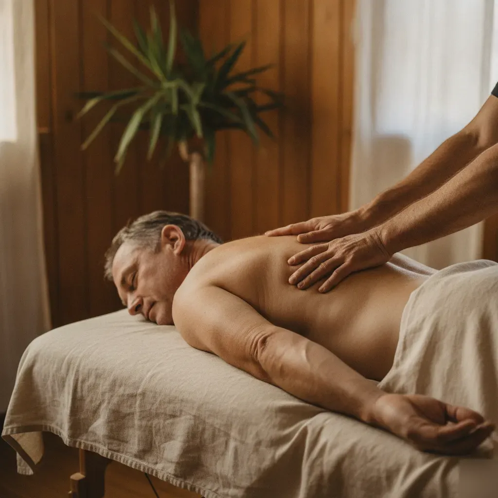 Massage therapist working on a client's lower back during a deep tissue session