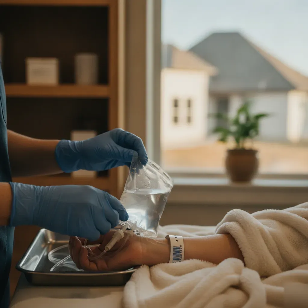 Nurse preparing a pharmacy-grade IV bag for a client from the Celina, TX area