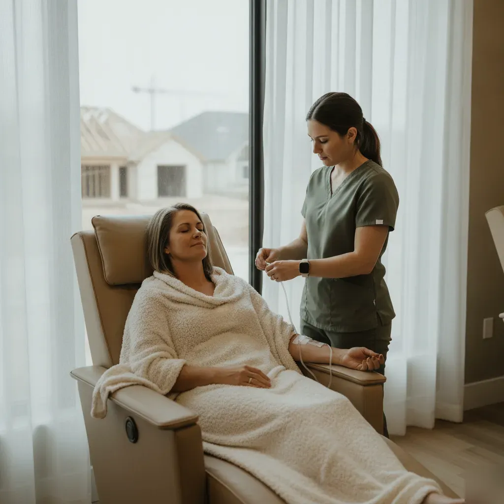 Client resting in a recovery chair during an IV therapy session at 360 IV Infusion and Wellness near Celina, TX