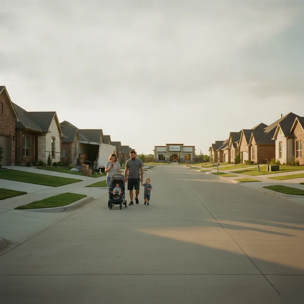 Young family outside a newly built home in a Celina, TX neighborhood near the medical center