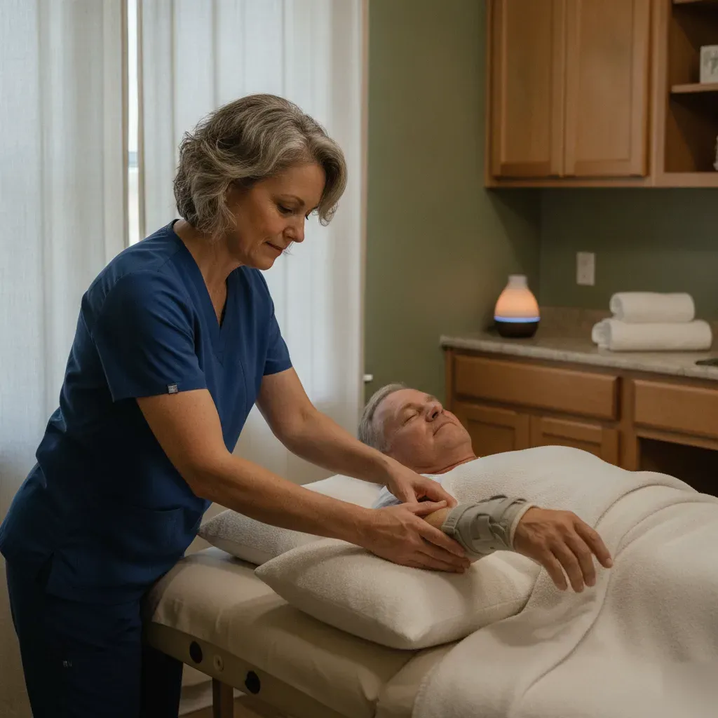 Therapist adjusting positioning for a client with a wrist injury during a modified massage