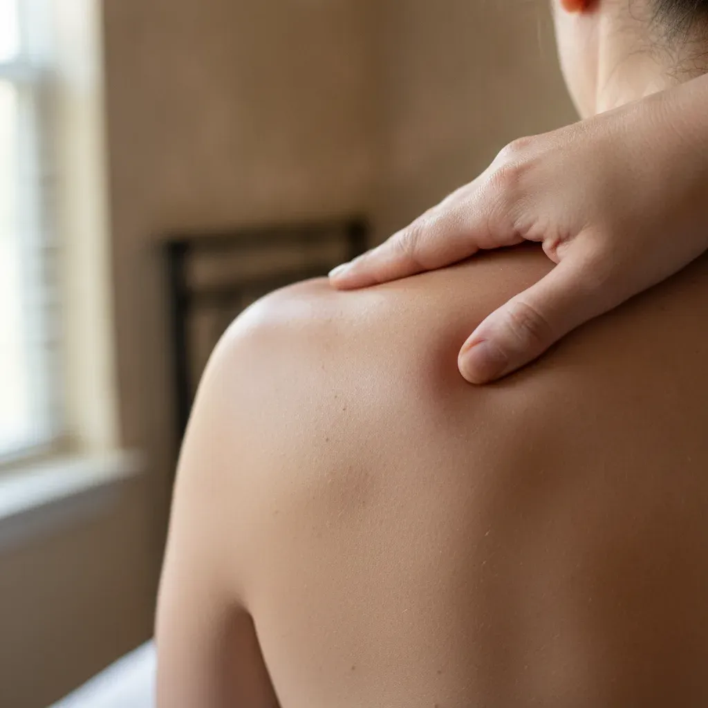 Close-up of a shoulder muscle knot, the kind of deep tension massage addresses