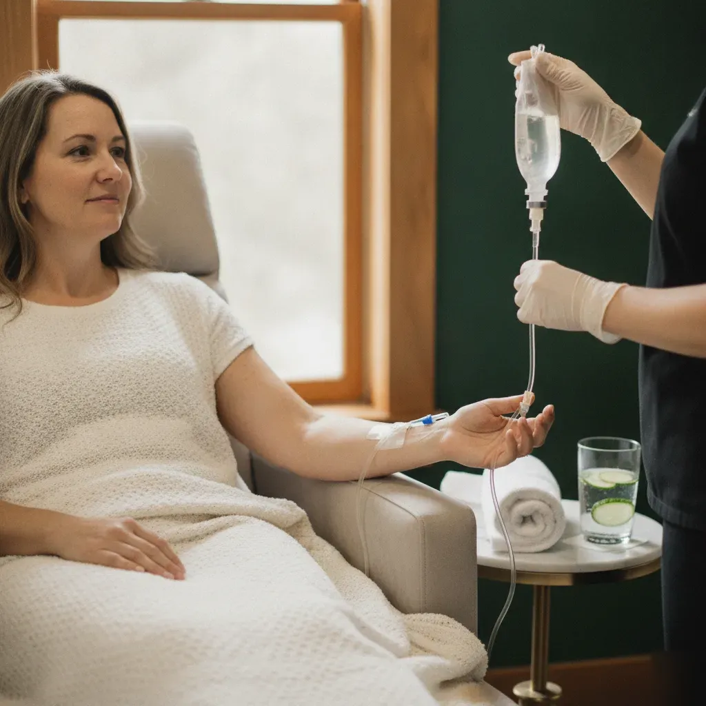 Client receiving IV hydration therapy in a private suite during a medical weight loss visit at 360 IV Infusion and Wellness in Prosper, TX