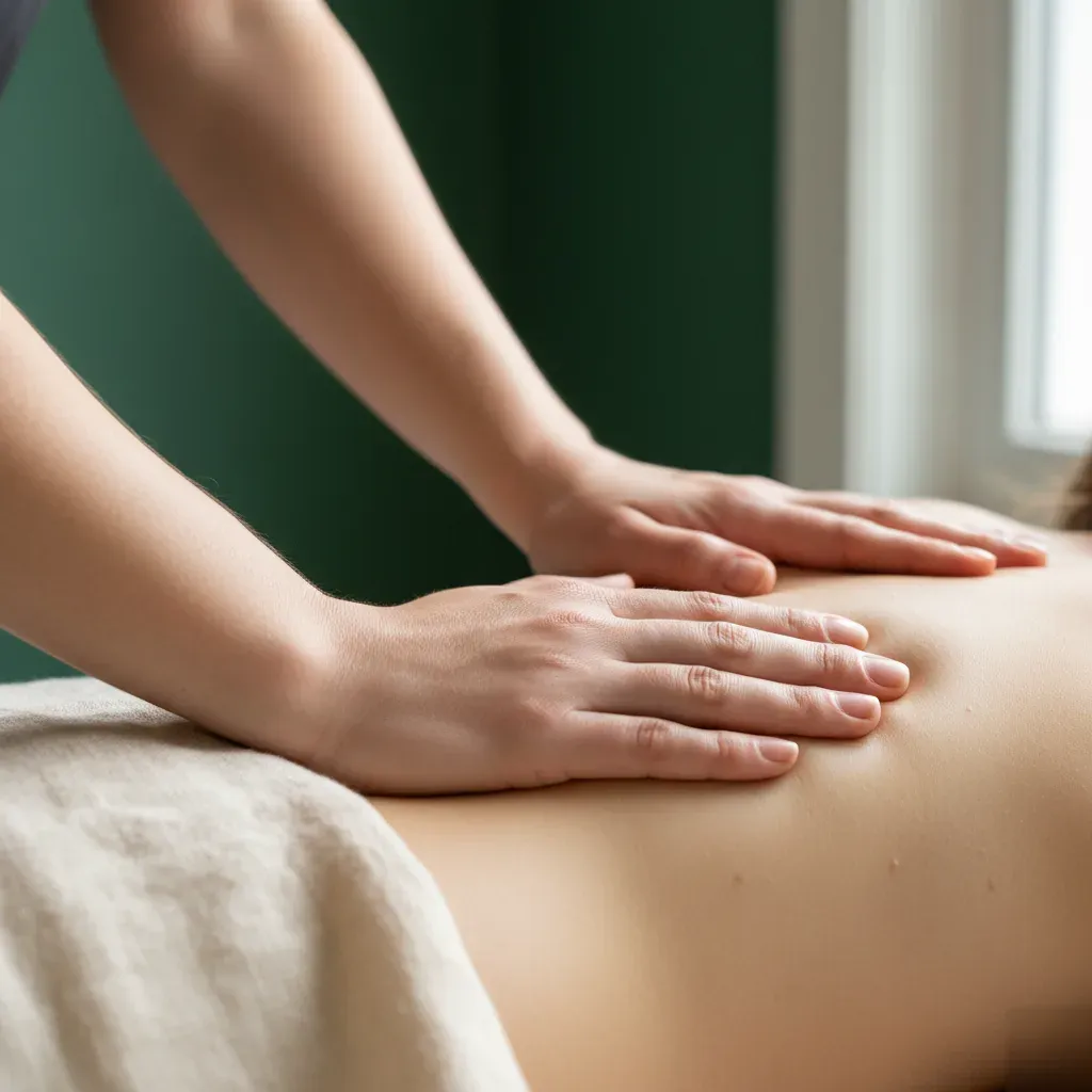Close-up of therapist hands pressing into a client's mid-back during myofascial release