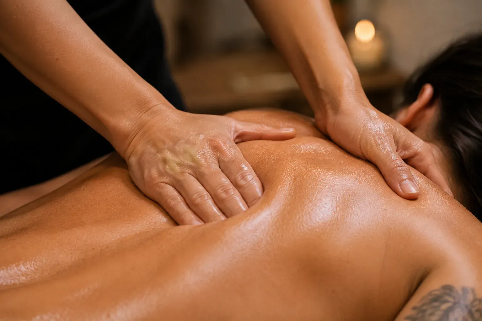 Therapist using sustained hand pressure to release upper back tissue during a myofascial massage session at 360 IV Infusion and Wellness in Prosper TX
